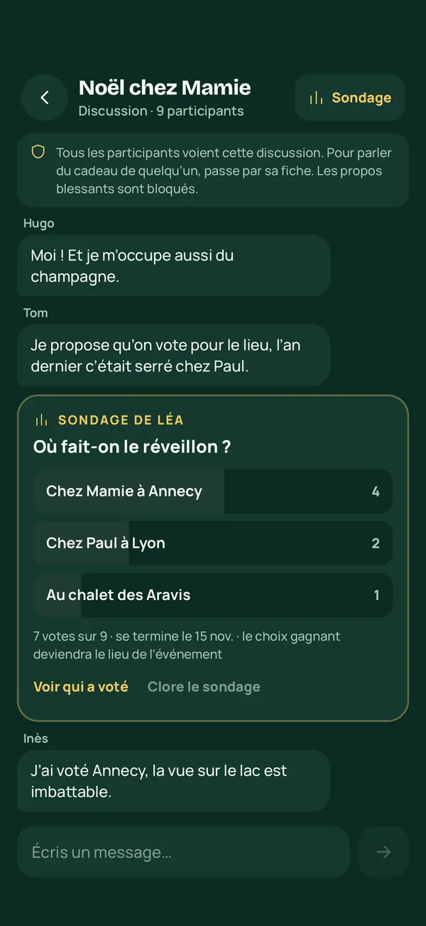 La discussion de l’événement avec un sondage : « Où fait-on le réveillon ? »