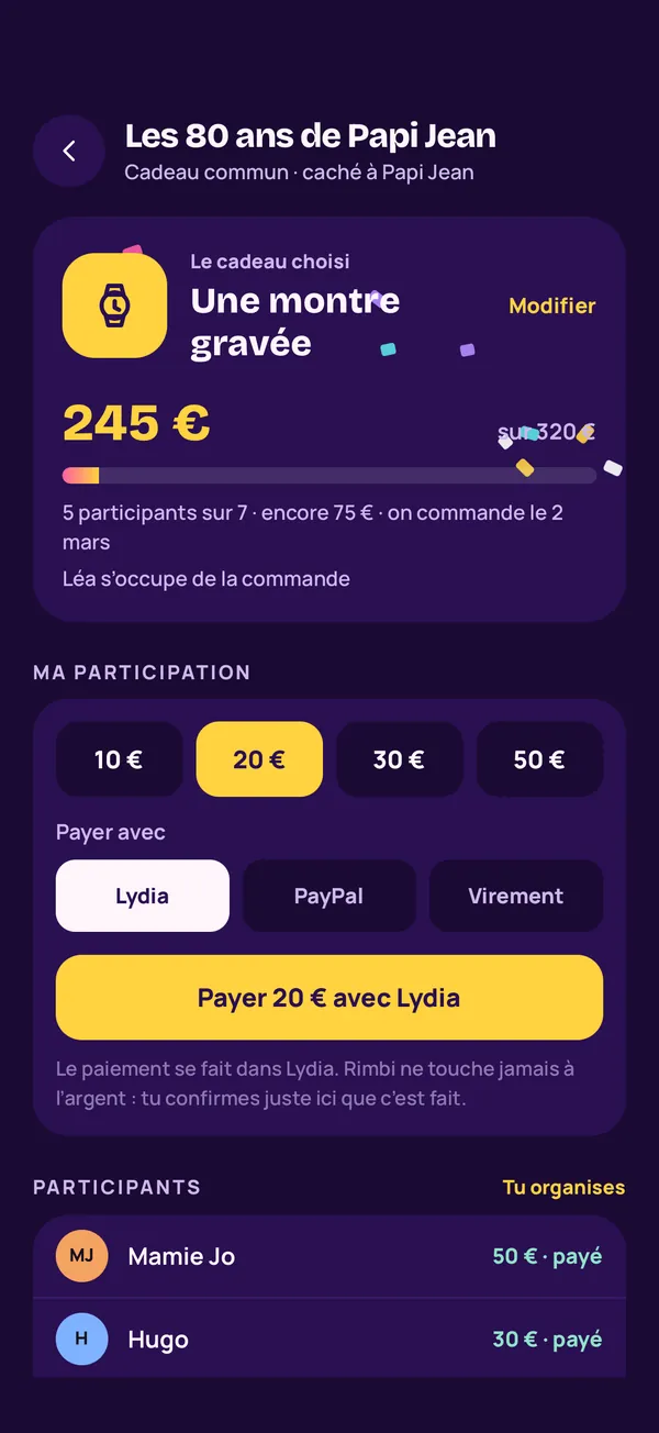 Un cadeau commun : montant visé, participations et cagnotte