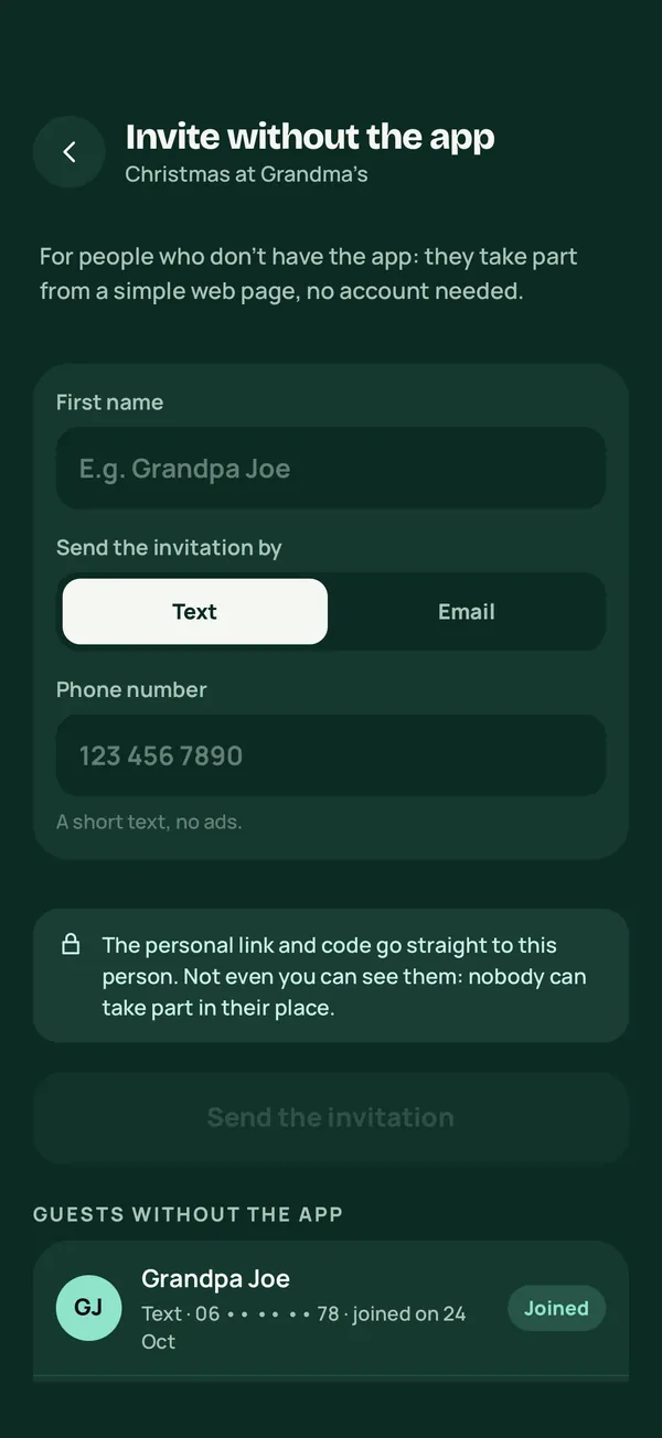 Inviting someone without the app: their name and number, and they get a link by text or email