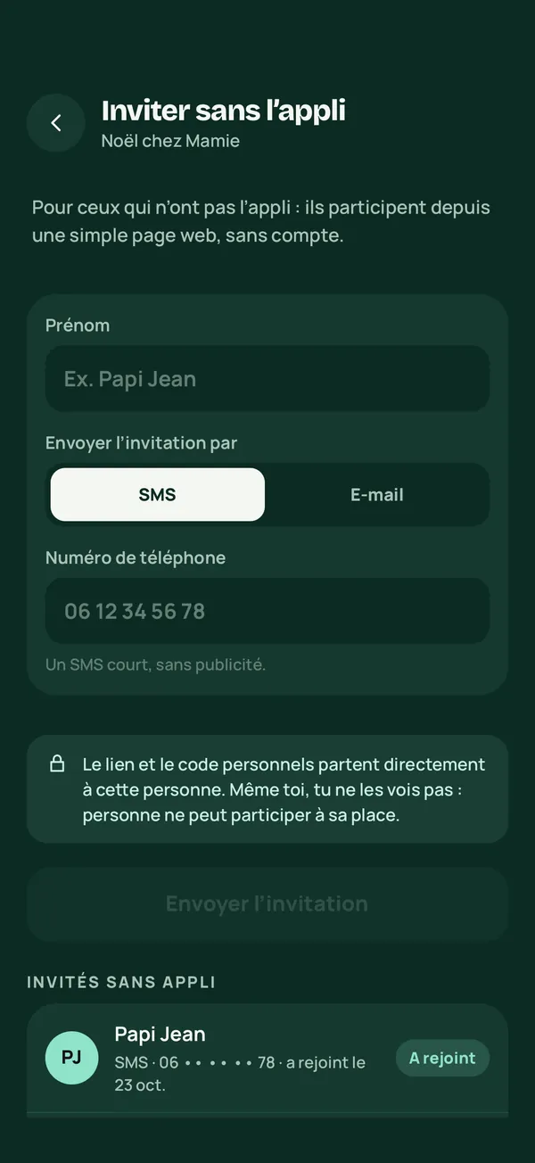Inviter quelqu’un sans l’appli : son prénom et son numéro, il reçoit un lien par SMS ou par e-mail