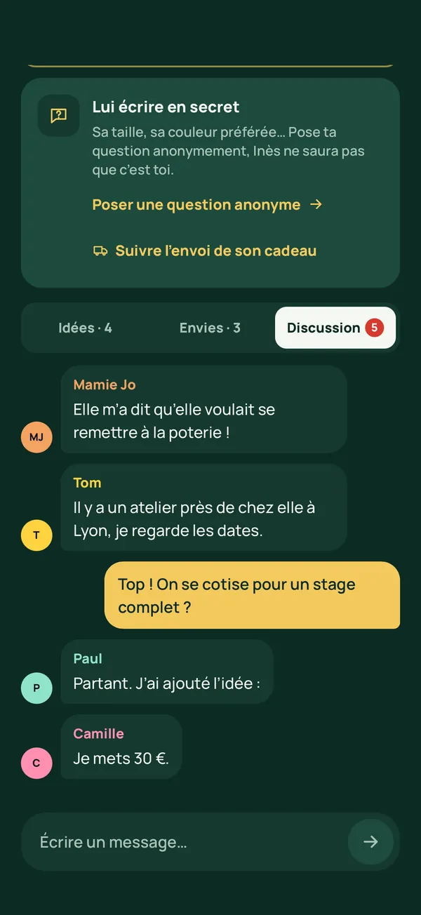La discussion du groupe au sujet du cadeau d’Inès