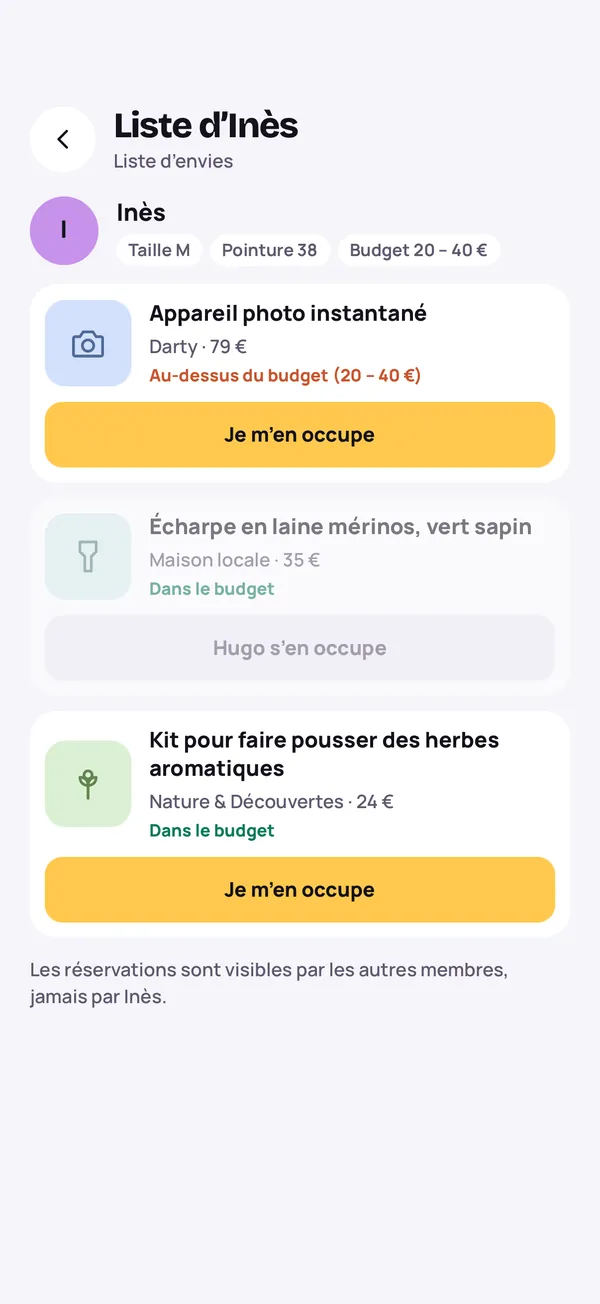La liste d’envies d’Inès, avec un cadeau déjà réservé